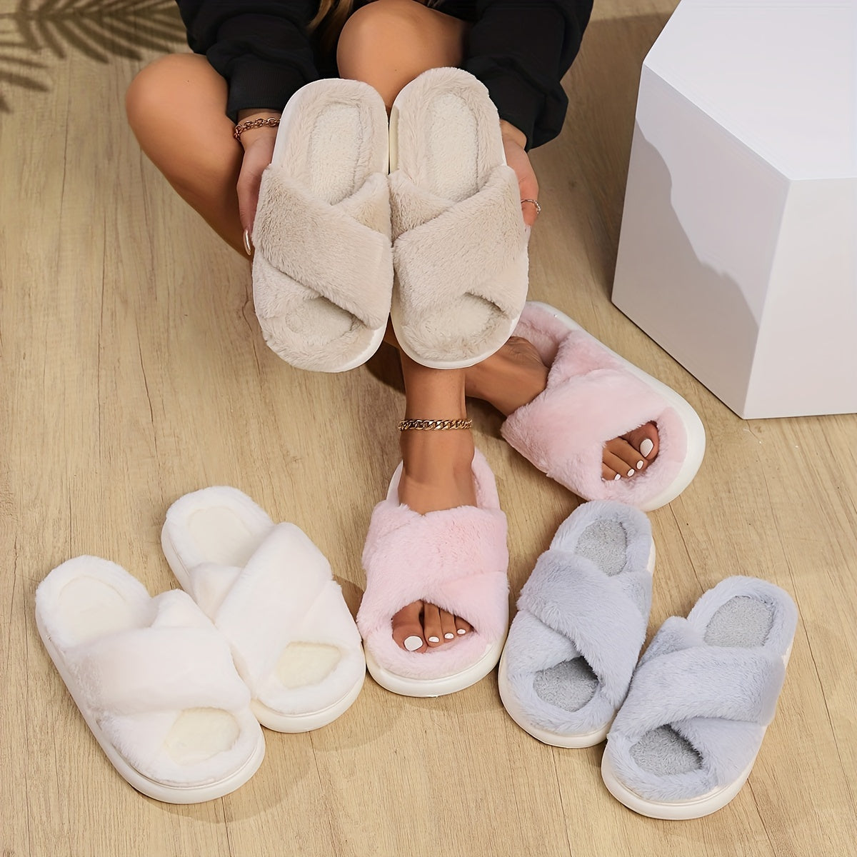 Fuzzy Solid Color Slippers - EVA Sole, Fabric Upper/Inner/Insole, Hand Washable, Slip-on, All-Season Indoor/Outdoor Fluffy Floor Shoes for Autumn & Spring